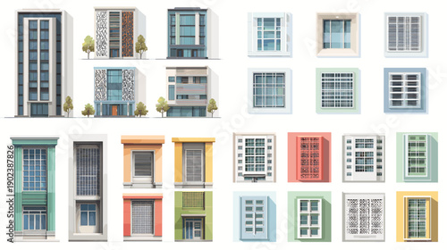 Collection of residential building entrances doors and windows in various styles. Architectural facade elements suitable for housing renovation and design references.