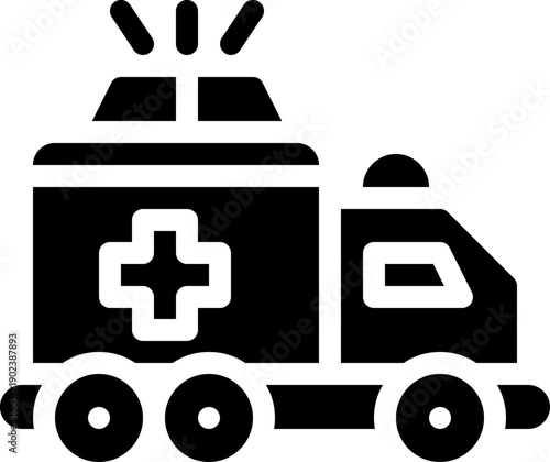 Emergency ambulance transport icon depicting fast medical response vehicle with siren, urgent paramedic rescue service and hospital emergency healthcare support

