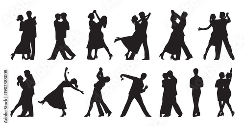 Dynamic silhouettes of couples dancing and performing elegant ballroom moves
