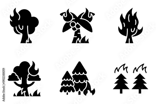 Forest fire and wildfire icons set in solid style for environmental disaster concepts