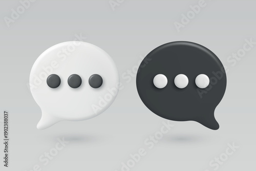 Vector 3d White and Black Chat Bubbles. Speech Balloons with Dots. Modern Messenger Icon, Communication Symbol, Chat App UI Element, Social Media Message Design Template