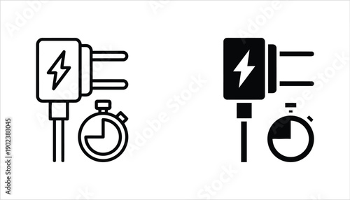 Electric car charging plug and timer icon for fast charging