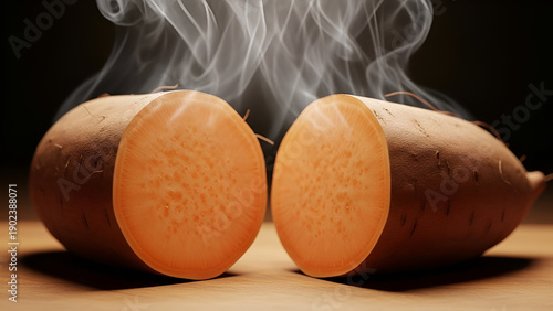 Steaming orange sweet potatoes cut in half on wooden surface, closeup natural texture, healthy food concept, natural carbs, and cooking ingredient.