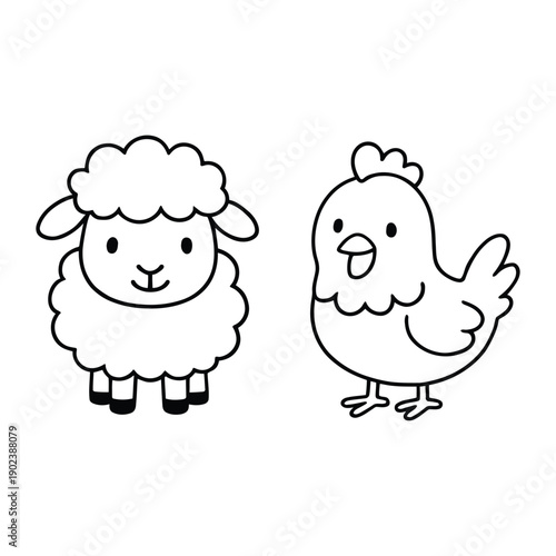 Eps illustration of a sheep and chicken standing together in a simple farm scene 1 (69).eps style