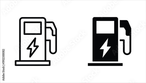 Electric vehicle charging station icon, thin line and solid silhouette versions