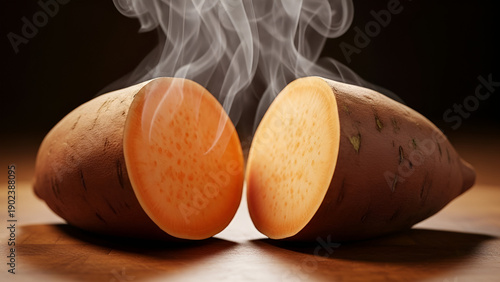 Steaming orange sweet potatoes cut in half on wooden surface, closeup natural texture, healthy food concept, natural carbs, and cooking ingredient.