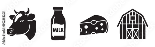 Farm related icons including cow, milk bottle, cheese wedge, and barn in silhouette style