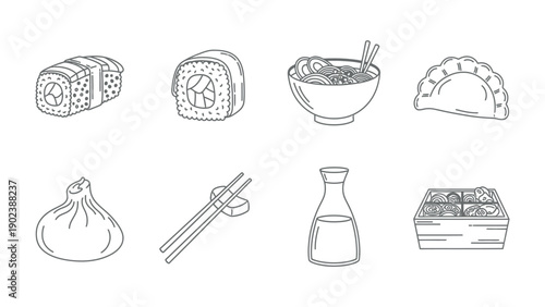 Asian Food Illustration: A collection of exquisite asian delicacies, each meticulously illustrated in a clean, modern style. Dishes that represents the heart of asian food culture.