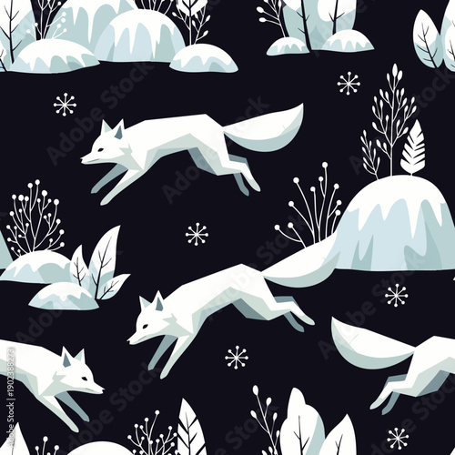 Seamless pattern of elegant white arctic foxes gracefully running through a stylized dark winter landscape with snow-covered hills, minimalist trees, and delicate falling snowflakes, creating a