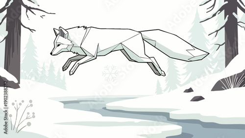 Geometric arctic fox leaping over a frozen river in a minimalist snowy winter forest landscape illustration. Wildlife nature scene.