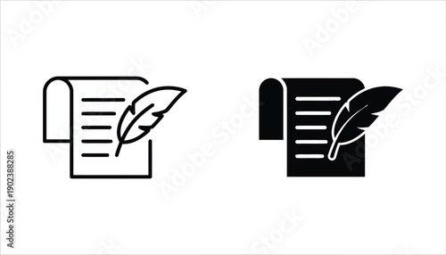 Feather writing on lined paper scroll icon outline and filled for education