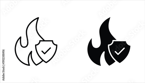 Fire and shield icon with checkmark, outline and solid fill styles, representing safety and protection concepts