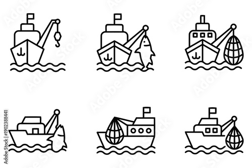 Fishing boat icons set with trawler and fish harvest in line art style