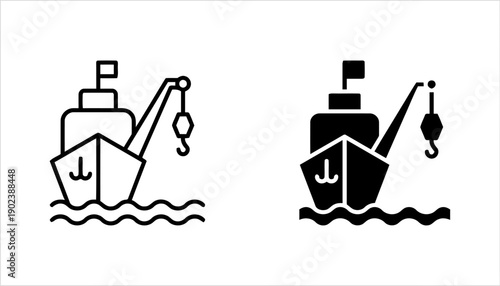 Fishing boat with crane and hook ready to catch fish icon set