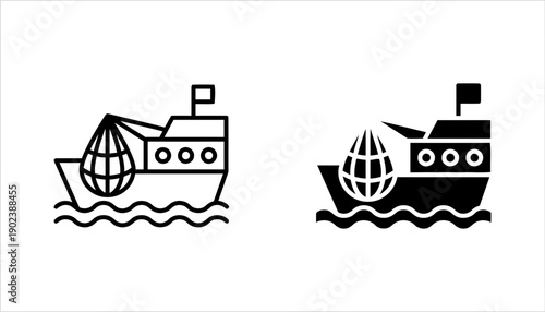 Fishing ship with net and cargo icon set