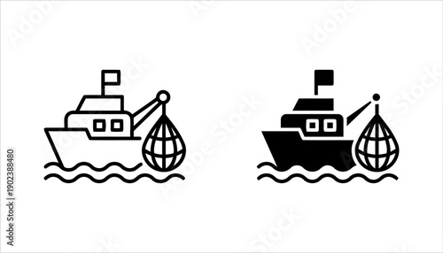 Fishing boat with crane and net icon set