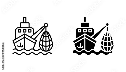 Fishing vessel with crane and fishing net icon set