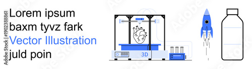 Technology, innovation, sustainability, 3D printing, engineering, recycling. 3D printer with a heart model, rocket launching and bottle outline with text. Innovation and sustainability concept