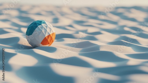 A 3D rendering of a beach ball with a geometric pattern.