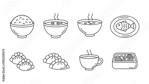 Culinary Symphony: A line art representation of various dishes from around the world including a bowl of rice, soup, dumplings, fish, tea and packed lunch dishes. 