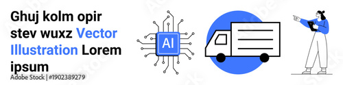 AI chip with connected nodes, delivery truck, professional with tablet pointing. Ideal for technology, logistics, innovation, efficiency, management, artificial intelligence simple landing page