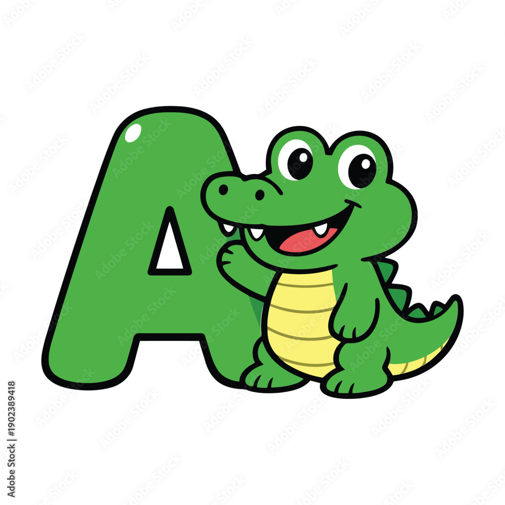 Obraz premium Cartoon Alligator Embracing Letter A in Green, Illustration, Funny Scene, Alphabet, Children's Theme