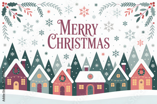 Merry christmas typography with houses and lot of snow