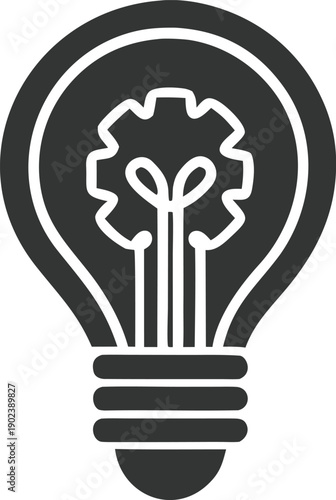 Creative light bulb with internal gear icon symbolizing innovative thinking and mechanical engineering solutions