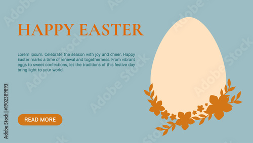 Minimal Easter banner with large egg and floral decoration. Soft pastel background, elegant spring illustration for cards, invitations and seasonal promotions.