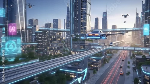 Futuristic Urban Landscape with Flying Cars and Skyscrapers Showcasing Advanced Technology and Infrastructure in Metropolis