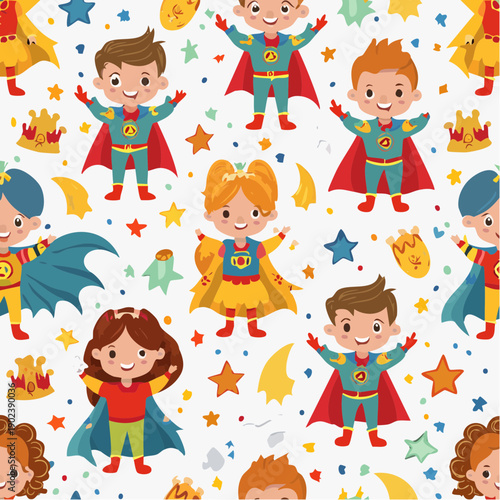Happy children in superhero costumes with colorful confetti and stars