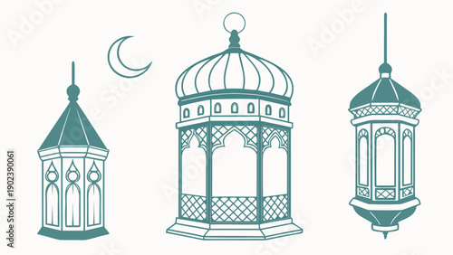 Eid lanterns and crescent moon symbolizing Ramadan festivities in a serene nighttime setting, illustration, vector art