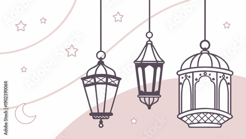 Three hanging lanterns in Ramadan celebration with stars and crescent moon in the background
