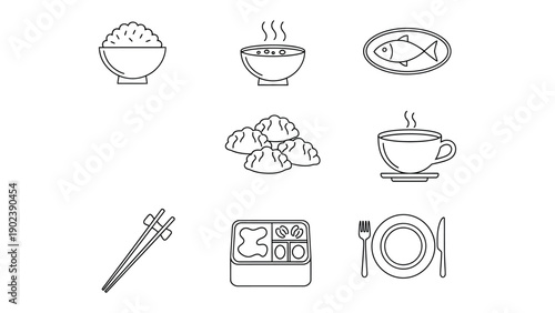 Culinary Delights in Sketch Form: A minimalist illustration showcases a diverse array of culinary staples, including a steaming bowl of rice, a bowl of soup, and more.
