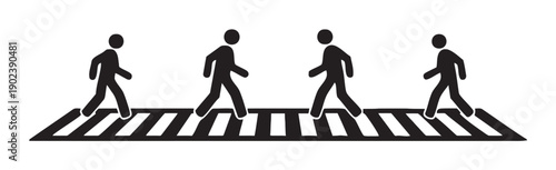 Four stylized pedestrians crossing a zebra crossing road safety symbol