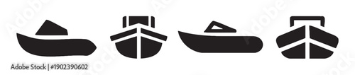 Four black silhouette icons of boats viewed from front and side angles