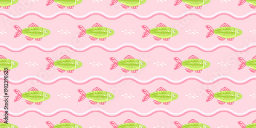 Seamless pattern with tropical fish and coral on pink background. Playful underwater design for kids textiles, wrapping paper, and summer beach themes