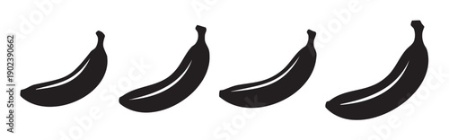 Four black silhouette icons of ripe bananas for food and healthy eating concepts