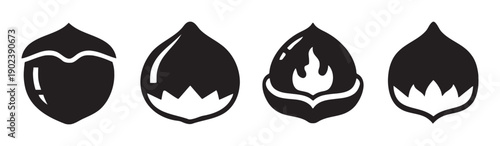 Four chestnut icons, one cracked open with a flame, others whole