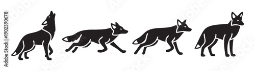 Four black silhouette wolf or coyote icons in different poses