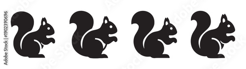 Four cute cartoon squirrels in profile view holding food with fluffy tails