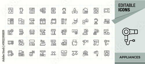 Set of Appliances line icon. Contains such symbols as electric, equipment, kitchen, household and more. Thin outline icons pack. Appliance line icon set. Editable vector.