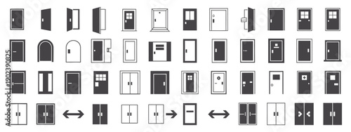 Door icon set, open door symbol, closed and ajar entrance, login logout sign, register access, password key, lock security, exit direction, editable stroke vector