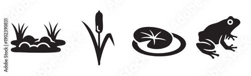 Four pond elements including frog, cattail, water lily, and lily pad