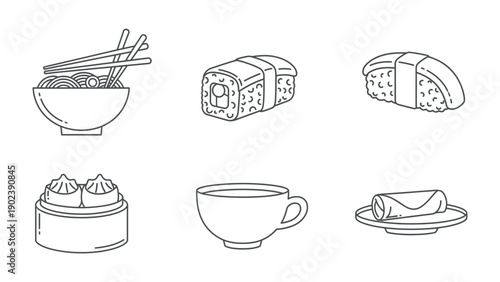 Culinary Delights: A collection of meticulously crafted line art illustrations showcasing a variety of popular culinary staples, tempting viewers with the simplicity and allure of well-loved foods.