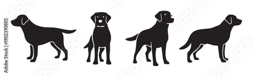 Four silhouette icons of black labrador dogs in different poses and viewpoints