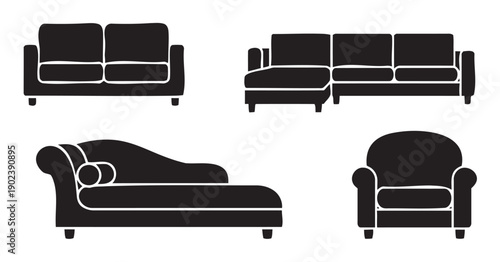 Four silhouettes of different furniture pieces including sofas and armchair on white