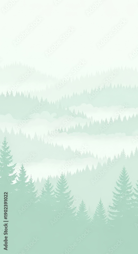 Fototapeta premium Serene Misty Forest Landscape with Soft Green Tones and Gentle Fog Layers