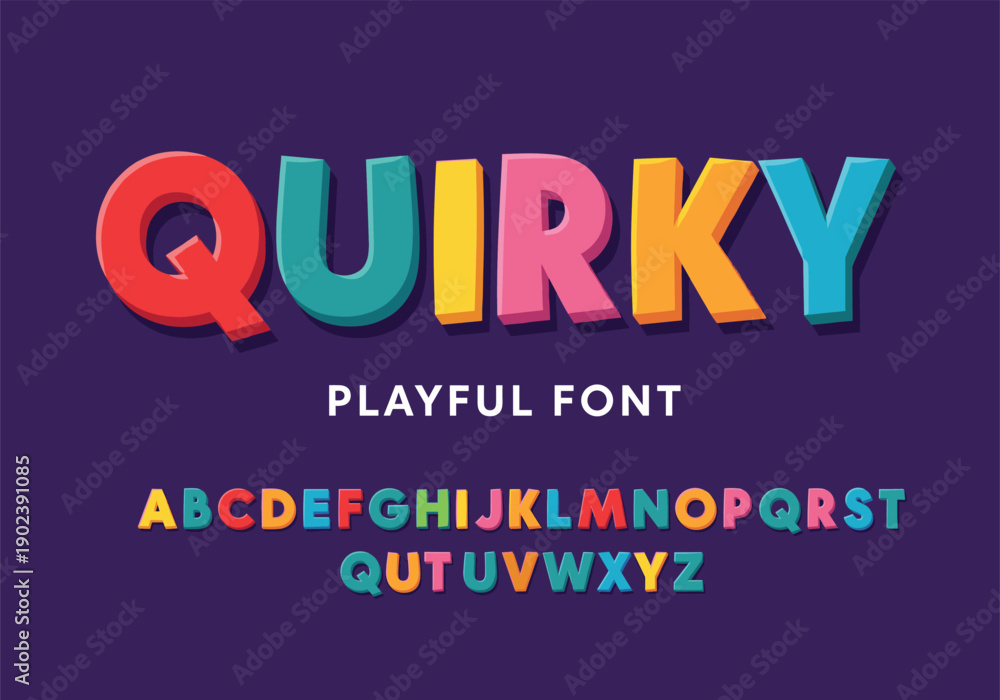 Fototapeta premium Playful Colorful Comic Style Font Vector Alphabet with 3D Rainbow Letters Numbers and Symbols for Creative Action Graphic Design and Kids Projects