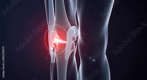 3D render of a transparent human knee joint anatomy with a bright red glowing spot indicating localized pain or inflammation on a dark background